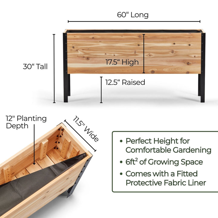 Wooden planter box with dimensions and features on a white background